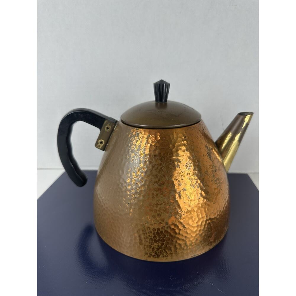 Vintage Hammered Copper Teapot Kettle w/ Black Handle Country Decor